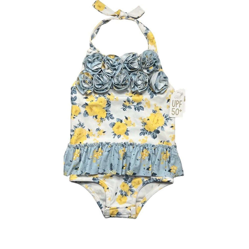 Mud Pie blue yellow floral 1 one piece swim suit bathing suit 12-18m ruffle UPF